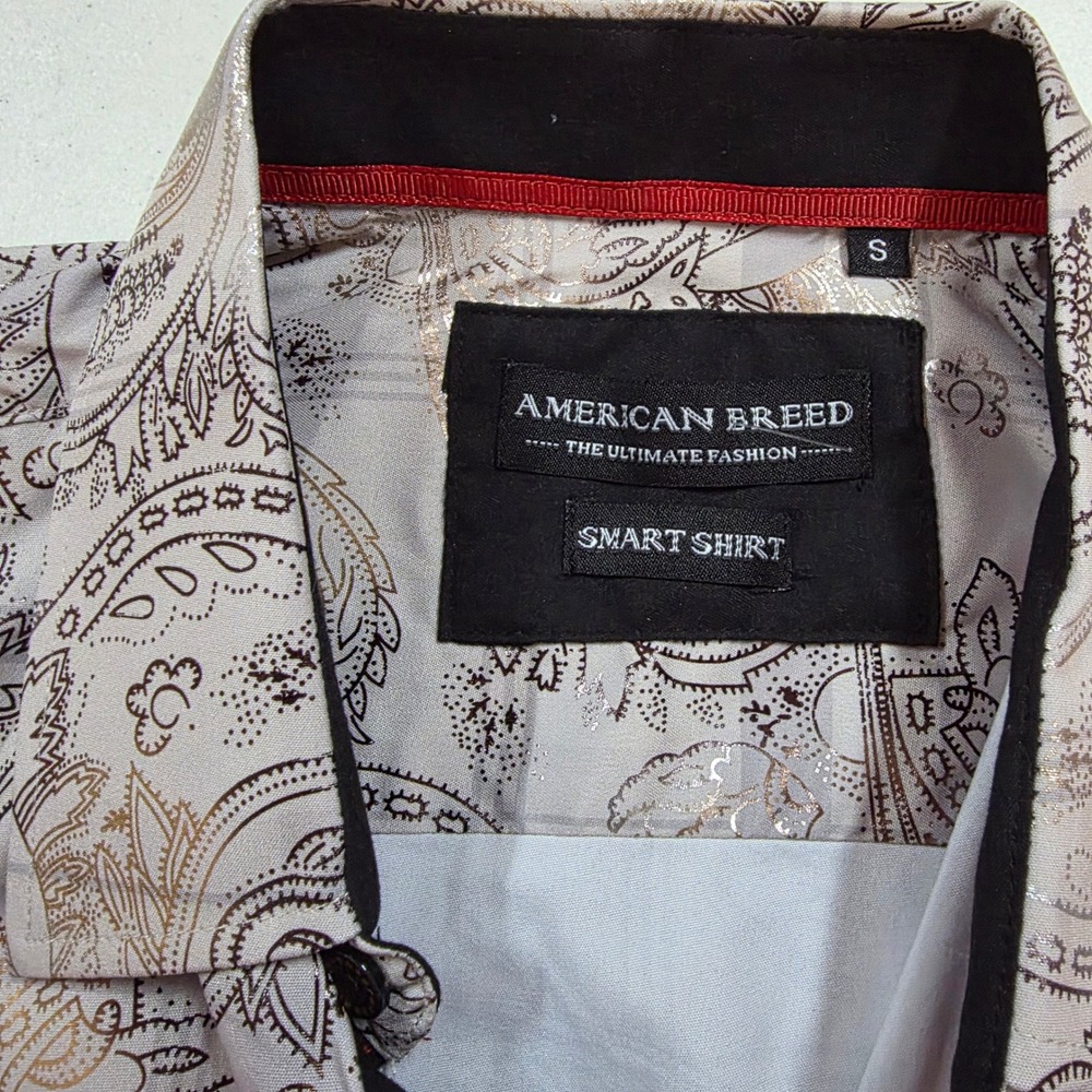 American Breed Mens Smart Shirt Short Sleeve Metallic Paisley Beige Gold Small - Picture 6 of 10